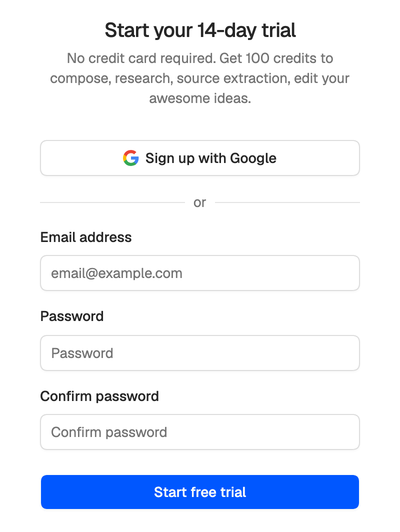 Start your 14-day trial: Sign up with Google, or an email address, a password and the same password again, then Start free trial.