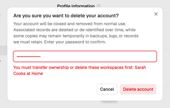 The Delete account dialog with a password entered and the answer below it: transfer ownership or delete Sarah Cooks at Home first.