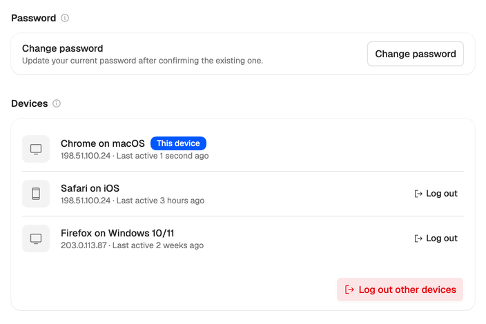 The Security page: the Change password button, then three devices, the current one marked This device, each other one with Log out, and Log out other devices below.