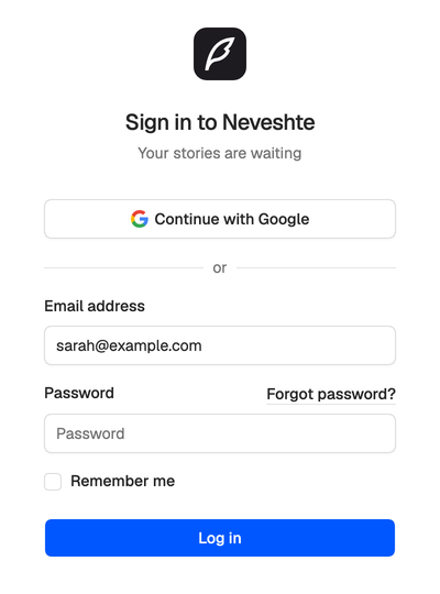 Sign in to Neveshte: Continue with Google, the email address and password fields, Forgot password?, Remember me and Log in.