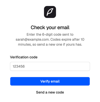 Check your email: the code was sent to sarah@example.com, with the Verification code field, Verify email and Send a new code.