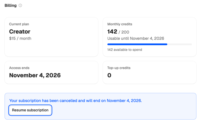Billing after cancelling: access ends November 4, the plan credits are usable until then, and the Resume subscription button.