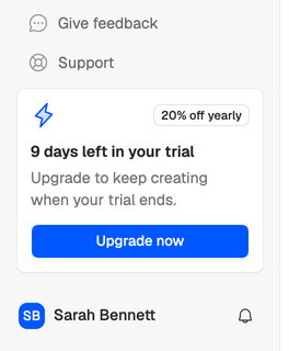 The sidebar card on Sarah’s trial: 9 days left, 20% off yearly, and the Upgrade now button.