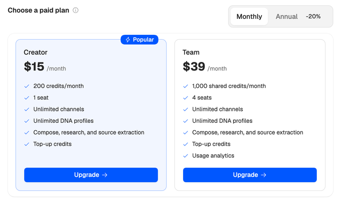 Choose a paid plan on the Billing page: Creator at $15 a month, flagged Popular, and Team at $39 a month, each with an Upgrade button.