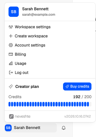 The menu under Sarah’s name: her Creator plan with 192 of 200 credits and the Buy credits button.