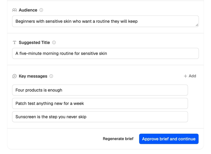 The brief waiting for approval: Audience, Suggested Title, three key messages with Add, and Approve brief and continue.