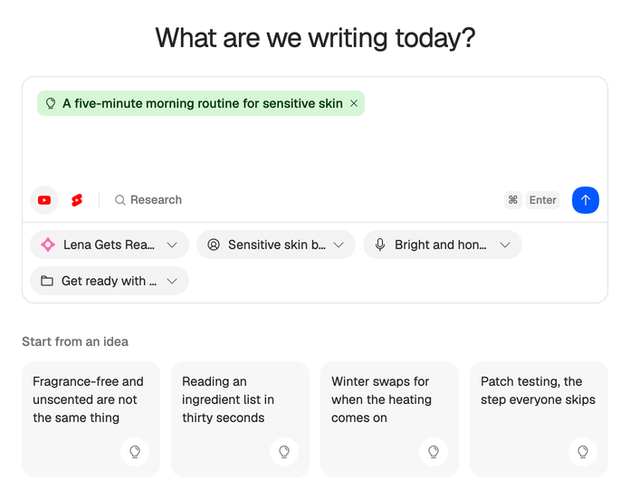 The new script page: Lena’s morning routine idea attached to the prompt, the format and Research controls, her channel, profile, voice and template, and four ideas to start from.