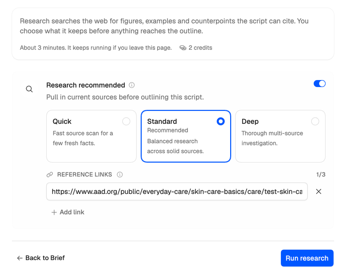 Research set up for Lena’s video: Research recommended and switched on, Standard depth selected, her reference link added, and Run research.