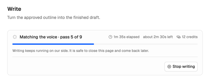 The Write step part-way through: Matching the voice, pass 5 of 9, 1m 35s elapsed, about 2m 30s left, 12 credits, and Stop writing.
