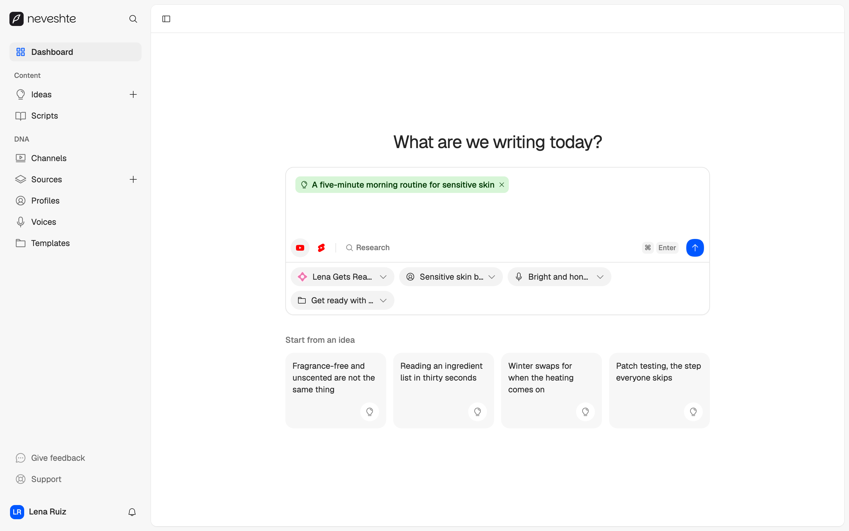 What are we writing today? The idea A five-minute morning routine for sensitive skin is attached, with Lena's channel, profile, voice and template already chosen, and four more of her ideas to start from.