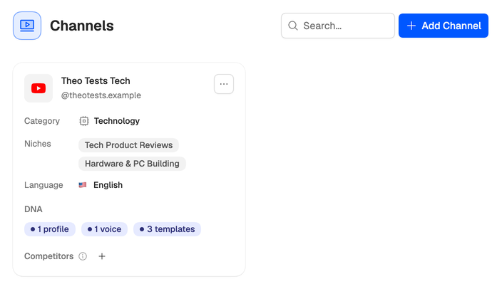 The Channels page: Theo Tests Tech with its category, two niches, English, one profile, one voice and three templates, and the Add Channel button.