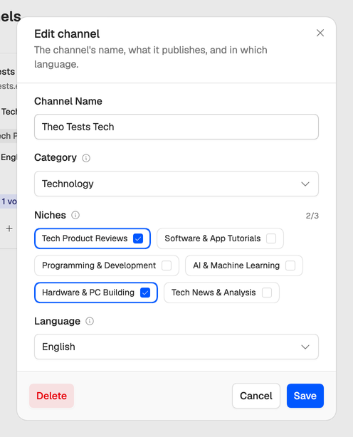 The Edit channel window for Theo Tests Tech, with English under Language at the bottom.