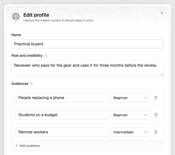 The Edit profile drawer for Practical buyers: the name, the role and credibility, and three audiences with their levels.