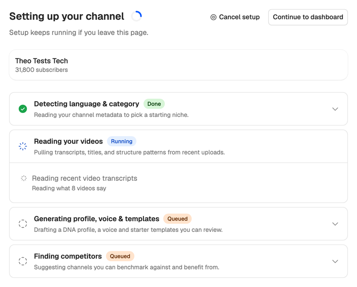 Channel setup for Theo Tests Tech: language and category done, transcripts being read, and the last two steps queued.