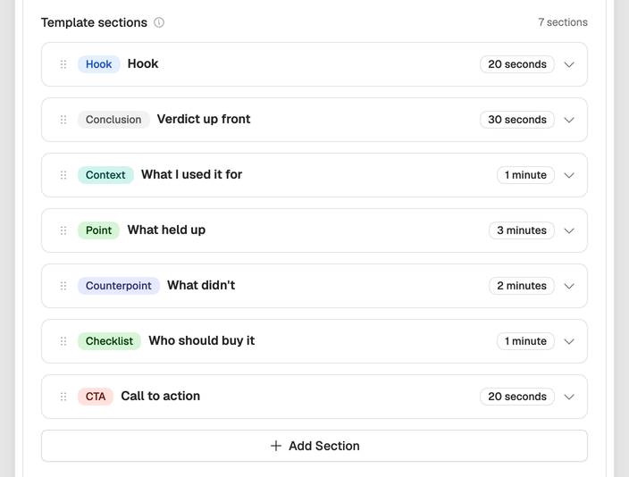 The sections of the template Long-term review: seven sections from Hook to CTA, each with its type, title and duration, and Add Section below.