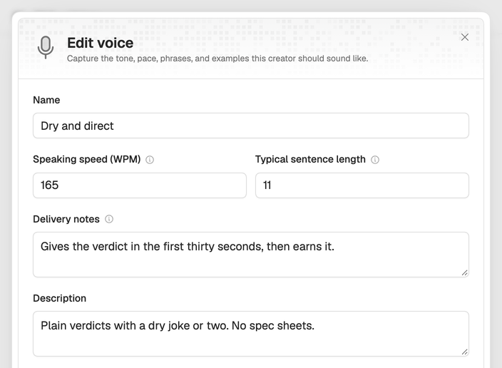 The Edit voice drawer for Dry and direct: 165 words per minute, sentences of about 11 words, its delivery notes and description.