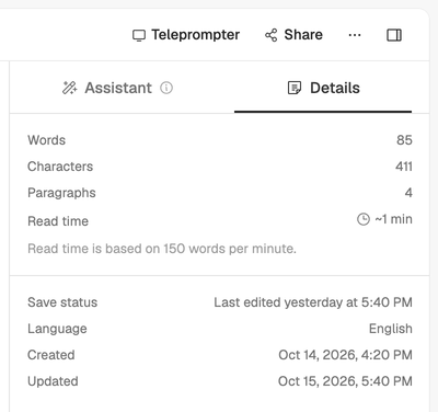 The top bar with Teleprompter, Share, the three-dot menu and the rail button, over the Details tab: 85 words, about a minute to read, last edited yesterday, written in English.