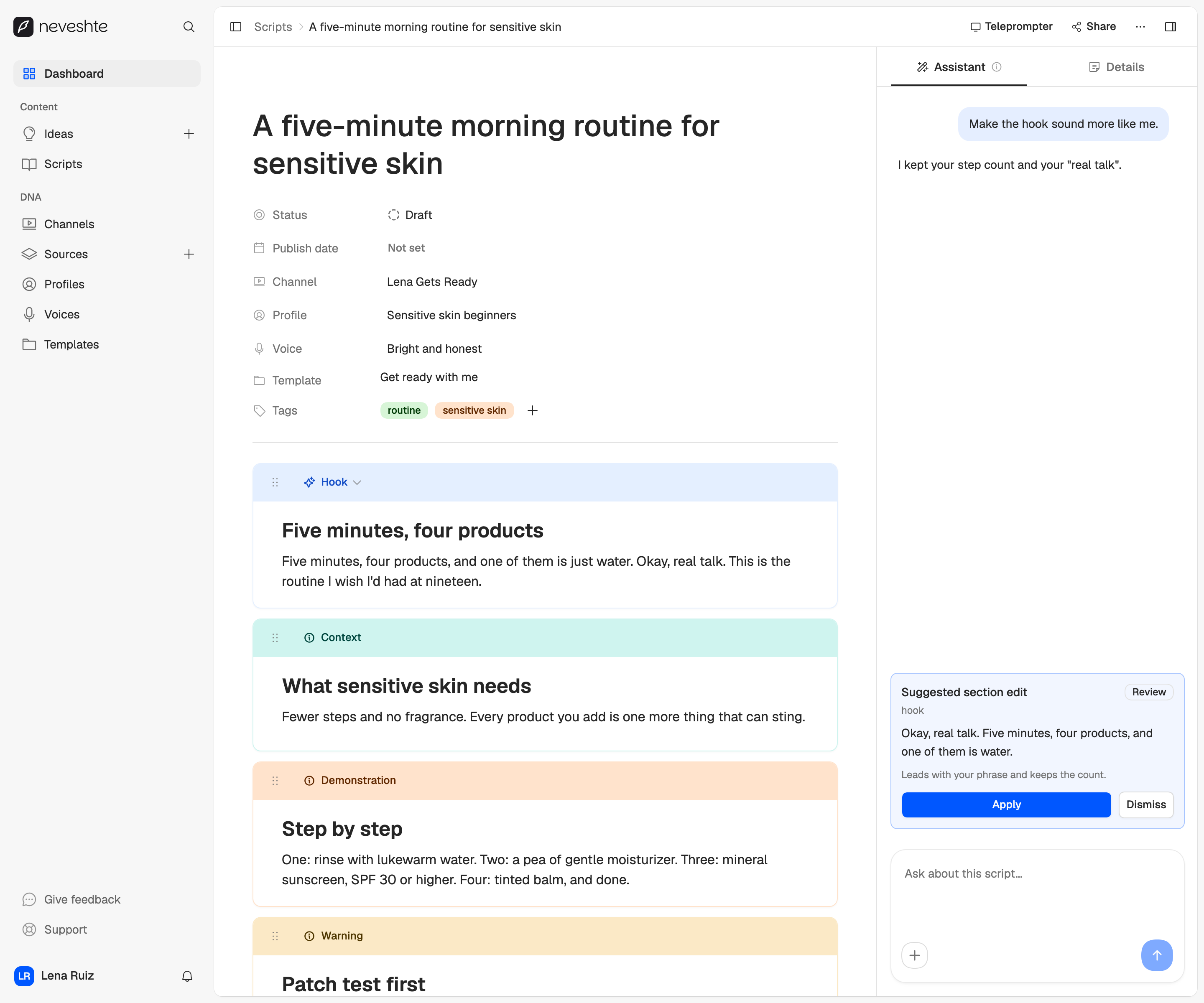Lena's script in the editor as four sections, each with its type: Hook, Five minutes, four products; Context, What sensitive skin needs; Demonstration, Step by step; and Warning, Patch test first.