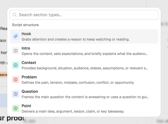 The section type picker: a search field over the list of types under Script structure, each with a one-line description, starting with Hook, Intro and Context.
