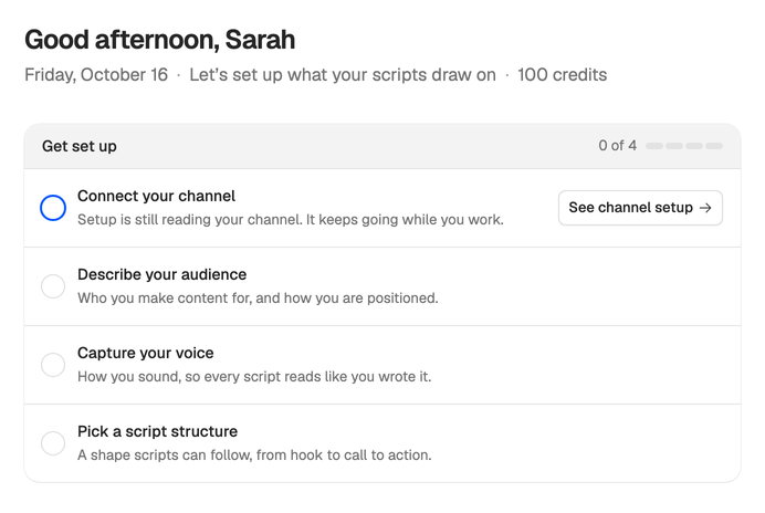 The dashboard on Sarah’s first day: Get set up at 0 of 4, with setup still reading her channel and a See channel setup button.