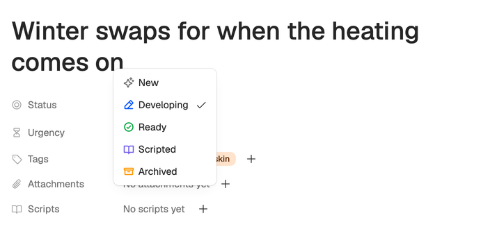 The status menu open on an idea: New, Developing (selected), Ready, Scripted and Archived.