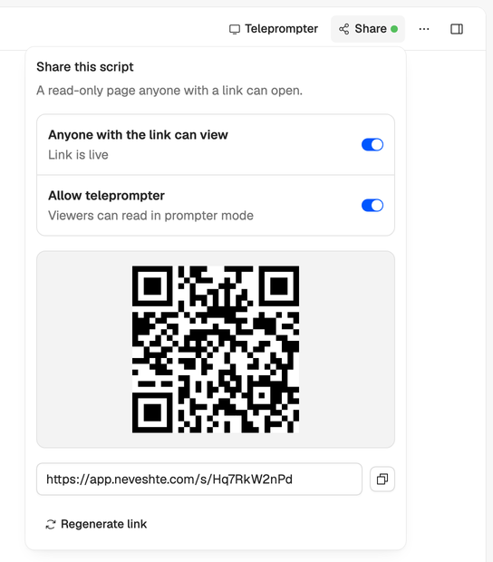 The Share popover on Sarah’s script: Anyone with the link can view and Allow teleprompter both on, Link is live, the QR code, the link with its copy button, and Regenerate link.