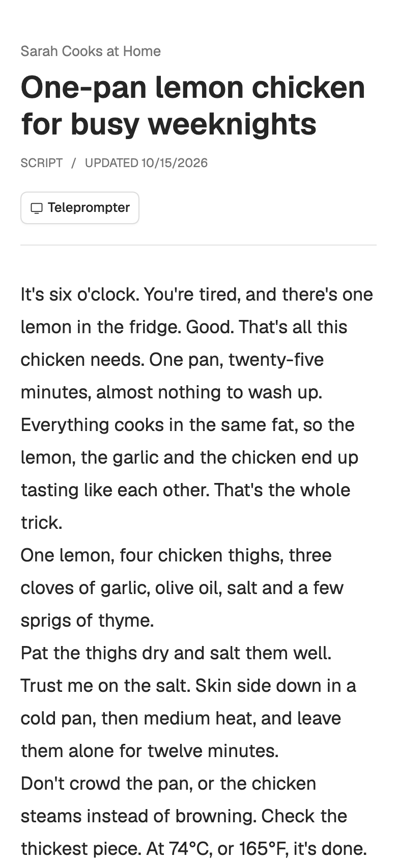 Sarah's shared script open on a phone: Sarah Cooks at Home, One-pan lemon chicken for busy weeknights, a Teleprompter button and the script's opening paragraphs.