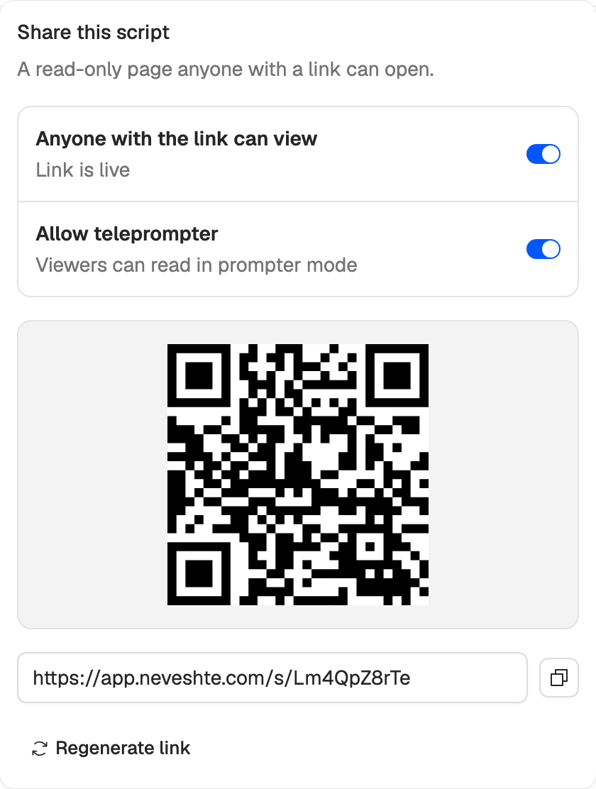 Share this script: Anyone with the link can view, Link is live; Allow teleprompter, Viewers can read in prompter mode; a QR code to open it on a phone; and the share link with a copy button.
