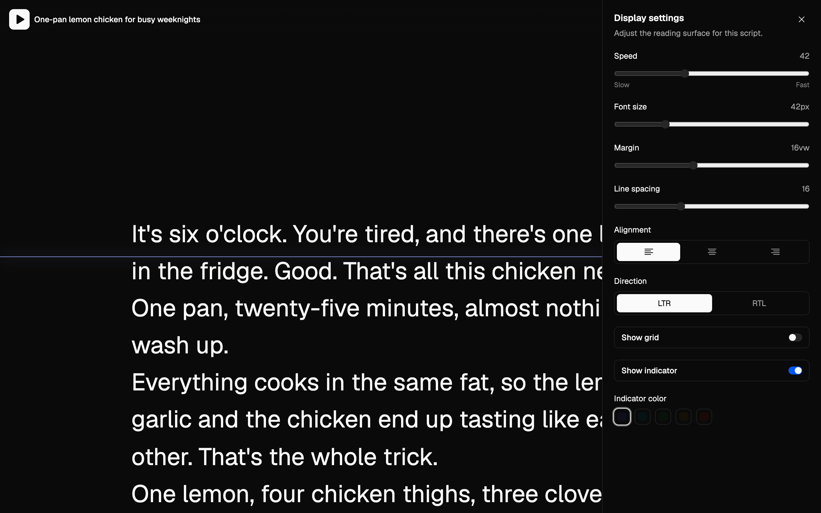 The teleprompter reading Sarah's One-pan lemon chicken script, with Display settings open: speed, font size, margin, line spacing, alignment, direction, grid and reading indicator.