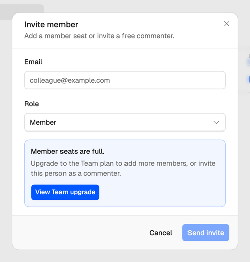 The Invite member dialog with Member picked and the notice Member seats are full, with View Team upgrade.