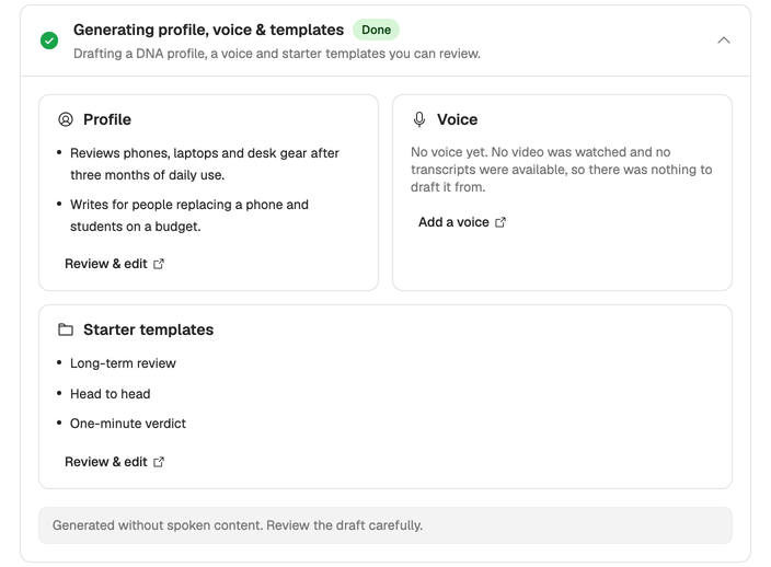 The drafting step without transcripts: a two-point profile, No voice yet with Add a voice, three starter templates and the note Generated without spoken content.