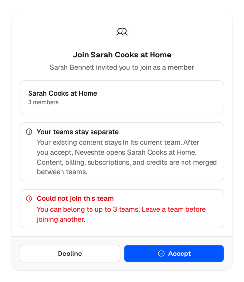 The invitation page with the error Could not join this team: you can belong to up to 3 teams.