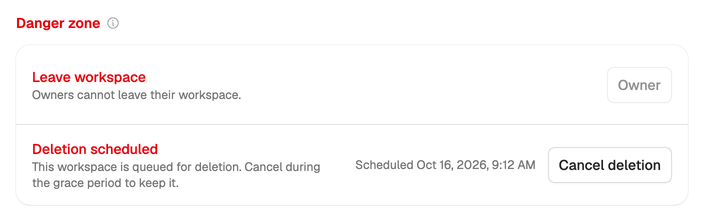 The danger zone of a workspace scheduled for deletion, with the time it was scheduled and the Cancel deletion button.