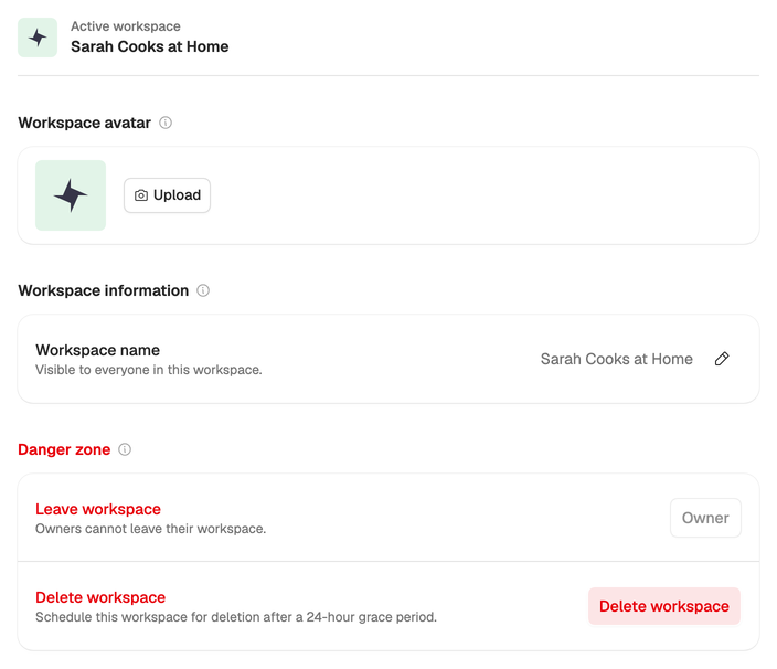 General workspace settings: the avatar with Upload, the workspace name with its pencil, and the danger zone with Leave workspace and Delete workspace.
