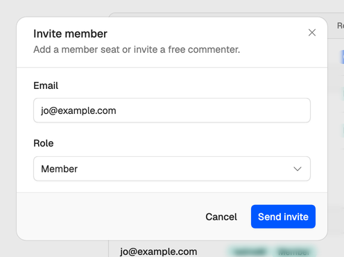 The Invite member dialog with an email address filled in and Member picked as the role.