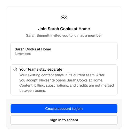 The invitation page for Sarah Cooks at Home, with Create account to join and Sign in to accept.