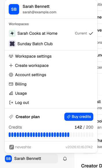 The menu under Sarah’s name: her two workspaces with Current next to Sarah Cooks at Home, then Workspace settings, Create workspace and Account settings.